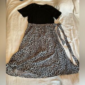 Leopard Print Wrap Tie Midi Dress